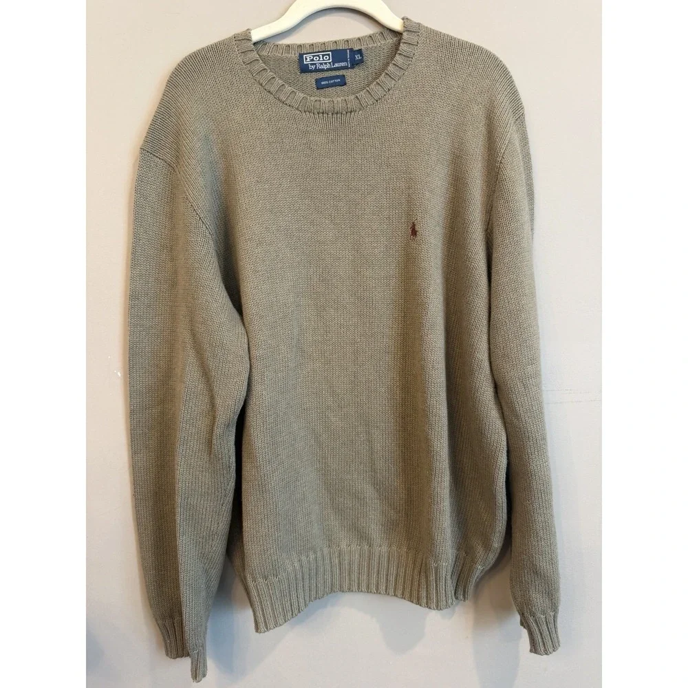 Vintage Polo Ralph Lauren Mens XLarge Olive Green Cotton Crewneck Knit Sweater